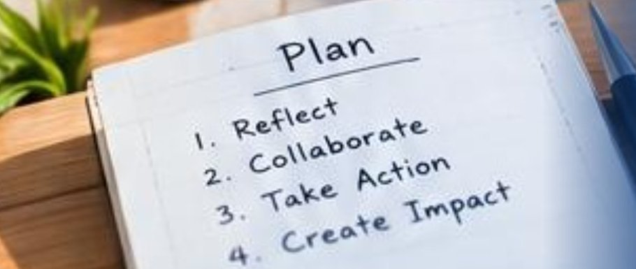 Notebook with a plan: Reflect, Collaborate, Take Action, Create Impact